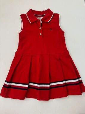 Tommy Hilfiger Red Sleeveless Polo Tennis Dress with Stripe Trim